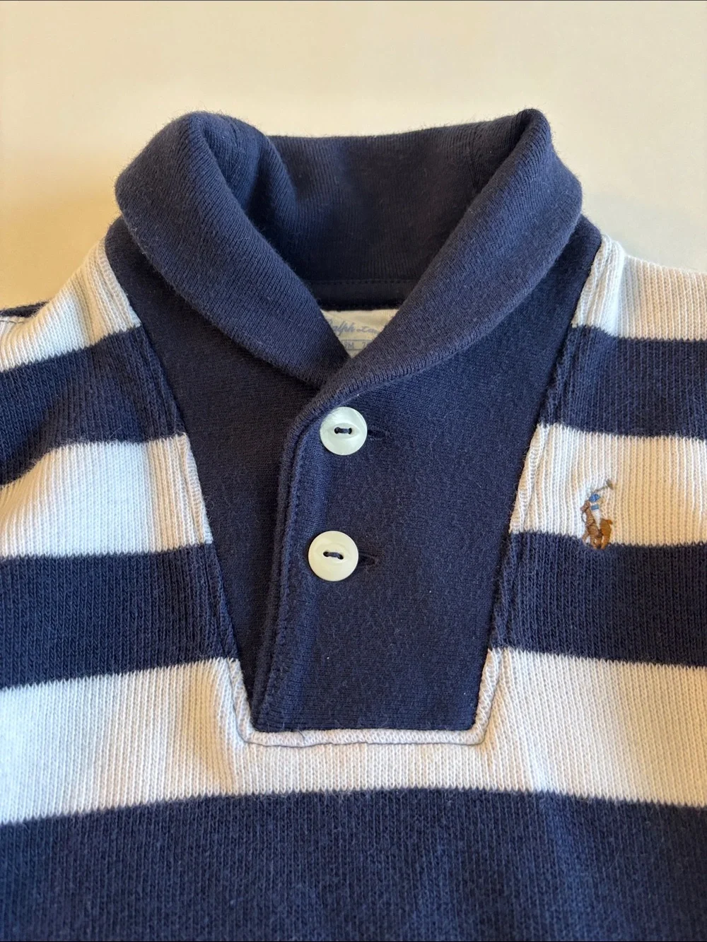Ralph Lauren Baby Boy Navy White Striped Shawl Collar Sweater Size 9 Months